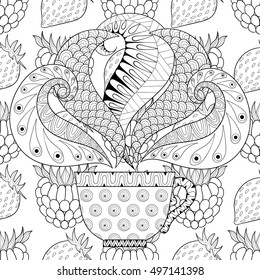 Zentangle stylized cup of tea with steam on berries background, hot beverage with artistically doodle elements. Ethnic ornamental vector illustration for adult coloring pages.