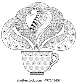 Zentangle stilisierte Teetasse mit Dampf, heißes Getränk mit künstlerisch doodlen Elementen. Ethnische Vektorgrafik für Tätowierung, T-Shirt-Druck, Farbseiten für Erwachsene, Grußkarte.