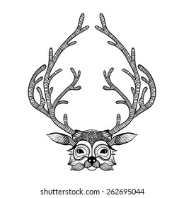 Zentangle stylized deer face. Hand Drawn tribal totem for adult anti stress coloring pages, vector illustration. Sketch for tattoo or makhenda. Animal collection.