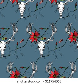 Zentangle stylized Deer Skull, Passion flower, Tendril seamless pattern on blue grey background. Cloth & rug design. Red, Black, Green, White vector backdrop. Hand drawn engraved vintage illustration.