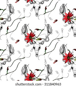 Zentangle stylized Deer Skull, Red passion flower, leaf & tendril seamless pattern on white background. Cloth & rug design. Red, Black, Green, White vector backdrop. Hand drawn engraved illustration.