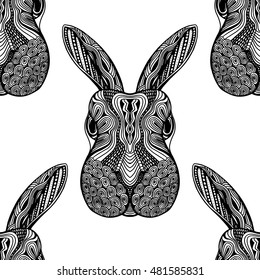 Zentangle stylized doodle animal vector seamless pattern with rabbit heads made in zen art. Ethnic ornate background with decorative elements suits as fabric or case print.