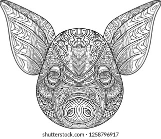 Zentangle stylized doodle vector of pig head. Zen ethnic art drawing. Illustration isolated on white. Might be used as tattoo or logo template, decorative element or coloring book sketch. 