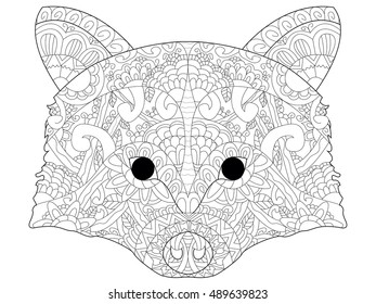 Zentangle stylized doodle vector of raccoon head. Zen art drawing. Illustration isolated on white. Ethnic animal fits as tattoo or logo template, decorative element or coloring book sketch.