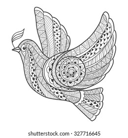 Zentangle stylized dove with branch. Vector illustration isolated on white background.