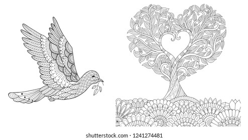 Zentangle stylized of dove with olive branch and tree bend into hearted shape for design element and coloring book,coloring page for anti stress.Vector illustration