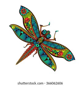 Zentangle stylized Dragonfly with abstract colorful background. Hand drawn patterned animal illustration. Sketch for tattoo, t-shirt, posters