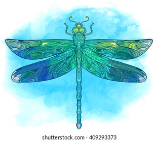 Zentangle stylized dragonfly. Ethnic patterned vector illustration. African, indian, totem, tribal, zentangle design. Sketch for tattoo, posters, t-shirt print, fabric design. Elegant decoration.