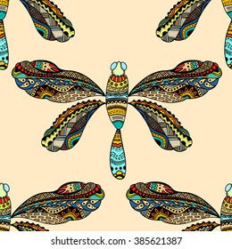 Zentangle stylized dragonfly seamless pattern for fabric. Hand Drawn vector illustration. Insect collection.