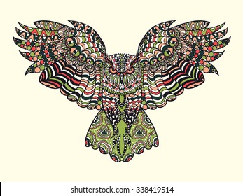 Zentangle stylized eagle owl. Colorful hand drawn doodle. Ethnic patterned vector illustration. African, Indian, totem, tribal, design. Sketch for adult coloring page, tattoo, poster, print, t-shirt