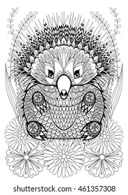 Zentangle stylized Echidna with flowers. Hand drawn ethnic animal for adult coloring pages, art therapy, boho t-shirt patterned print, posters, t-shirt. Vector isolated illustration. A4 size