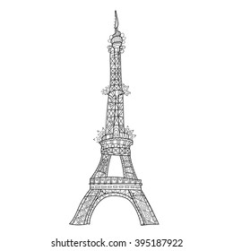 Zentangle stylized Eiffel tower Hand Drawn vector illustration. Sketch for tattoo or makhenda. France collection.Boho style