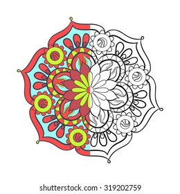 Zentangle stylized elegant color arabic Mandala, Rangoli for coloring page. Hand drawn vintage ornament round Pattern on white background. Ethnic decorative elements. Yoga spirit.