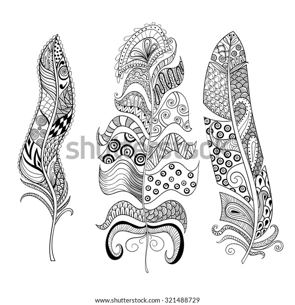 Zentangle Stylized Elegant Feathers Set Hand Stock Vector Royalty Free 321488729