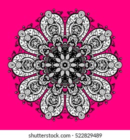 Zentangle stylized elegant round Indian Mandala. Hand drawn vintage Ornament Pattern on pink background. Ethnic decorative elements. Yoga spirit.