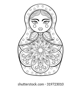 Zentangle stylized elegant Russian doll, Matryoshka doll. Hand drawn vintage illustration for adult anti-stress coloring page on white background. Ethnic decorative elements.