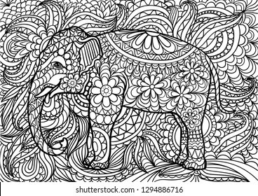 Zentangle stylized elephant in bamboo forest. Animals. Hand drawn doodle. Ethnic patterned illustration. African, indian, totem tatoo design. Sketch for avatar, tattoo, poster, print or t-shirt.