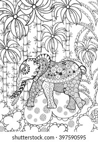 Zentangle stylized elephant in bamboo forest. Animals. Hand drawn doodle. Ethnic patterned illustration. African, indian, totem tatoo design. Sketch for avatar, tattoo, poster, print or t-shirt.