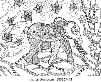 Zentangle stylized elephant in fantasy garden. Animals. Hand drawn doodle. Ethnic patterned illustration. African, indian, totem tatoo design. Sketch for avatar, tattoo, poster, print or t-shirt.