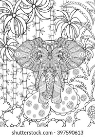 Zentangle stylized elephant in fantasy garden. Animals. Hand drawn doodle. Ethnic patterned illustration. African, indian, totem tatoo design. Sketch for avatar, tattoo, poster, print or t-shirt.