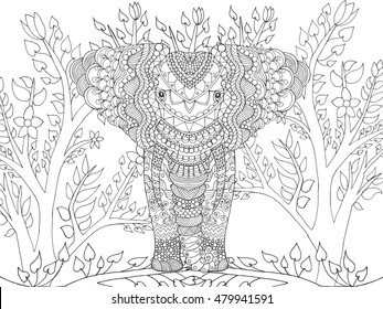 Zentangle stylized elephant in fantasy garden. Animals. Hand drawn doodle. Ethnic patterned illustration. African, indian, totem tatoo design. Sketch for avatar, tattoo, poster, print or t-shirt.
