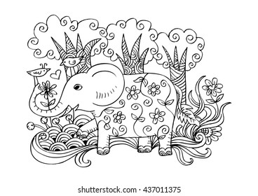 Zentangle stylized elephant in forest.