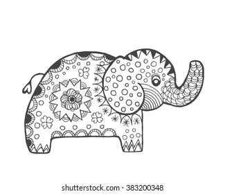 Zentangle stylized fantasy elephant. Sketch for avatar, posters, prints or t-shirt. Ethnic patterned illustration. African, indian, totem, tatoo design. Animals. Hand drawn doodle.