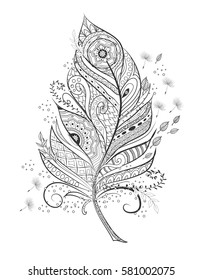 Zen-tangle stylized feather for coloring page. Hand drawn illustration for adult anti-stress feather for coloring page for adults on white background. Ethnic decorative elements.
