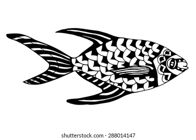 Zentangle stylized Fish. Hand Drawn doodle vector illustration isolated on white background. Sketch for tattoo or makhenda. Sea food collection.