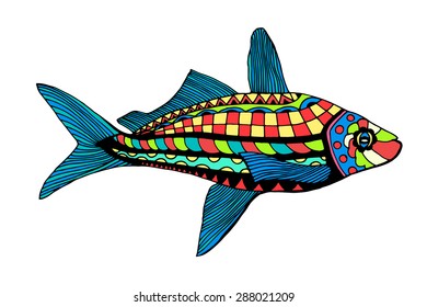 Zentangle stylized Fish. Hand Drawn doodle vector illustration isolated on white background. Sketch for tattoo or makhenda. Sea food collection.