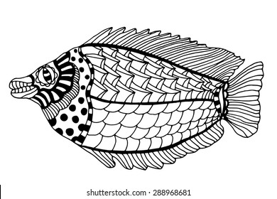 Zentangle stylized Fish. Hand Drawn doodle vector illustration isolated on white background. Sketch for tattoo or makhenda. Sea food collection.