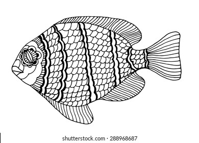 Zentangle stylized Fish. Hand Drawn doodle vector illustration isolated on white background. Sketch for tattoo or makhenda. Sea food collection.