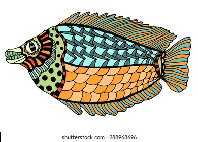 Zentangle stylized Fish. Hand Drawn doodle vector illustration isolated on white background. Sketch for tattoo or makhenda. Sea food collection.
