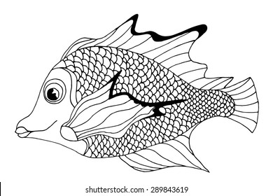 Zentangle stylized Fish. Hand Drawn doodle vector illustration isolated on white background. Sketch for tattoo or makhenda. Sea food collection.