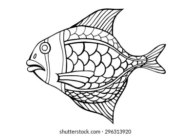 Zentangle stylized Fish. Hand Drawn doodle vector illustration isolated on white background. Sketch for tattoo or makhenda. Sea food collection.
