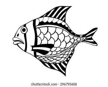 Zentangle stylized Fish. Hand Drawn doodle vector illustration isolated on white background. Sketch for tattoo or makhenda. Sea food collection.