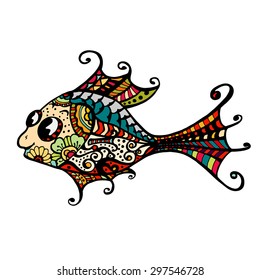 Zentangle stylized Fish. Hand Drawn doodle vector illustration isolated on white background. Sketch for tattoo or makhenda. Sea food collection.