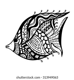 Zentangle stylized Fish. Hand Drawn doodle vector illustration isolated on white background. Sketch for tattoo or makhenda. Sea food collection.