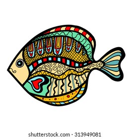 Zentangle stylized Fish. Hand Drawn doodle vector illustration isolated on white background. Sketch for tattoo or makhenda. Sea food collection.