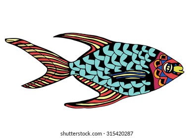 Zentangle stylized Fish. Hand Drawn doodle vector illustration isolated on white background. Sketch for tattoo or makhenda.