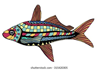 Zentangle stylized Fish. Hand Drawn doodle vector illustration isolated on white background. Sketch for tattoo or makhenda.