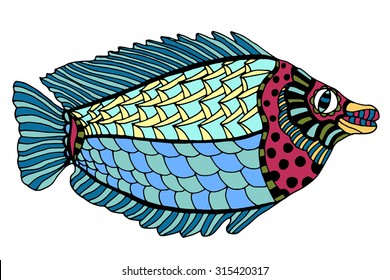 Zentangle stylized Fish. Hand Drawn doodle vector illustration isolated on white background. Sketch for tattoo or makhenda.