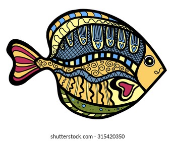 Zentangle stylized Fish. Hand Drawn doodle vector illustration isolated on white background. Sketch for tattoo or makhenda.