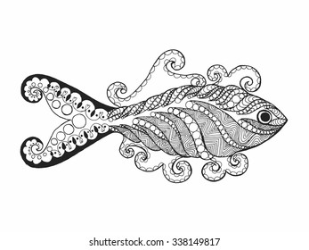 Zentangle stylized fish. Hand drawn doodle animal. Ethnic patterned vector illustration. African, indian, totem, tribal design. Sketch for avatar, coloring page, tattoo, posters, print, t-shirt