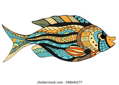 Zentangle stylized Fish. Hand Drawn doodle vector illustration isolated on white background. Sketch for tattoo or makhenda. Sea food collection.