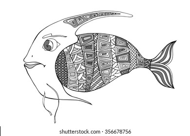 Zentangle stylized Fish. Hand Drawn doodle vector illustration isolated on white background. Sketch for tattoo or makhenda. Sea food collection.