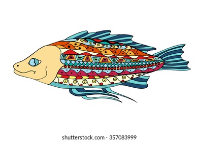Zentangle stylized Fish. Hand Drawn doodle vector illustration isolated on white background. Sketch for tattoo or makhenda. Sea food collection.
