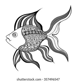 Zentangle stylized Fish. Hand Drawn doodle vector illustration isolated on white background. Sketch for tattoo or makhenda. Sea food collection.
