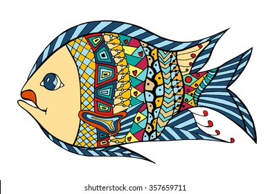 Zentangle stylized Fish. Hand Drawn doodle vector illustration isolated on white background. Sketch for tattoo or makhenda. Sea food collection.
