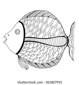 Zentangle stylized Fish. Hand Drawn doodle vector illustration isolated on white background. Sketch for tattoo or makhenda. Sea food collection.